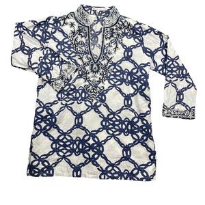 Barbara‎ Gerwit M 100% Pure Cotton Blue White Tunic Beaded (see measurements)